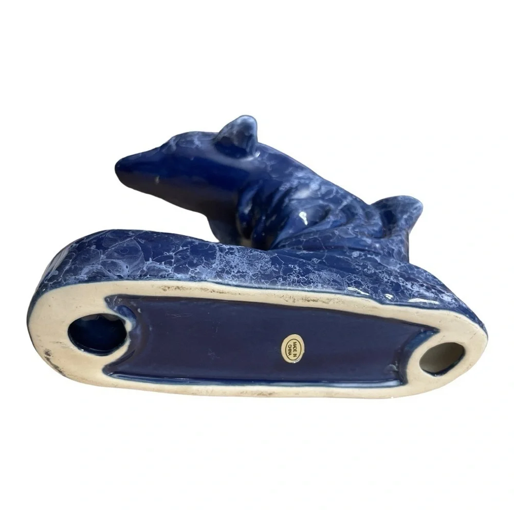 COBALT BLUE CERAMIC DOLPHIN FIGURINE  TEA LIGHT CANDLE HOLDER